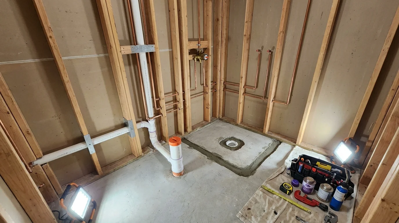 Bathroom rough-in plumbing during remodel by Johns Plumbing LLC in Calverton