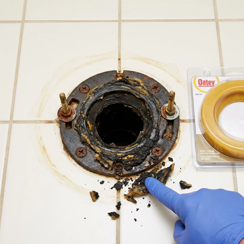 Failed wax ring showing water seepage at the base of a toilet in a Calverton, NY home