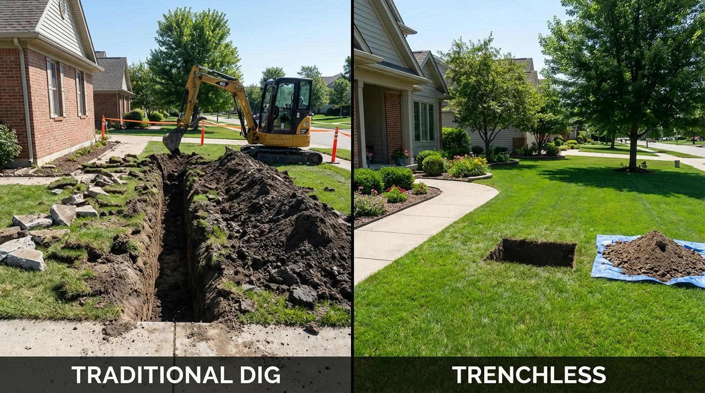 Trenchless sewer repair with minimal yard damage versus traditional excavation in Calverton, NY
